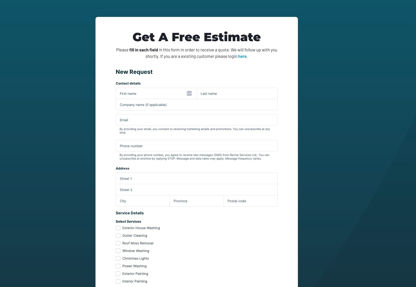 image of Revive Services' quote request form